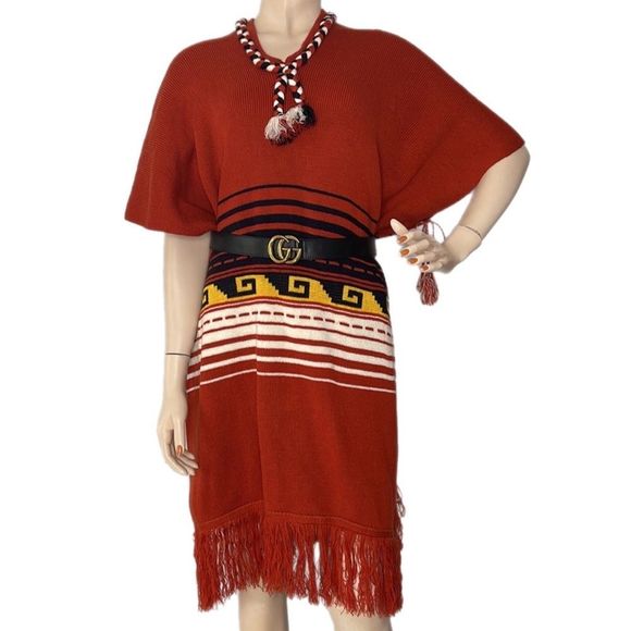 Vintage 70s Soft Knitted Boho Fringe Poncho - Picture 2 of 16